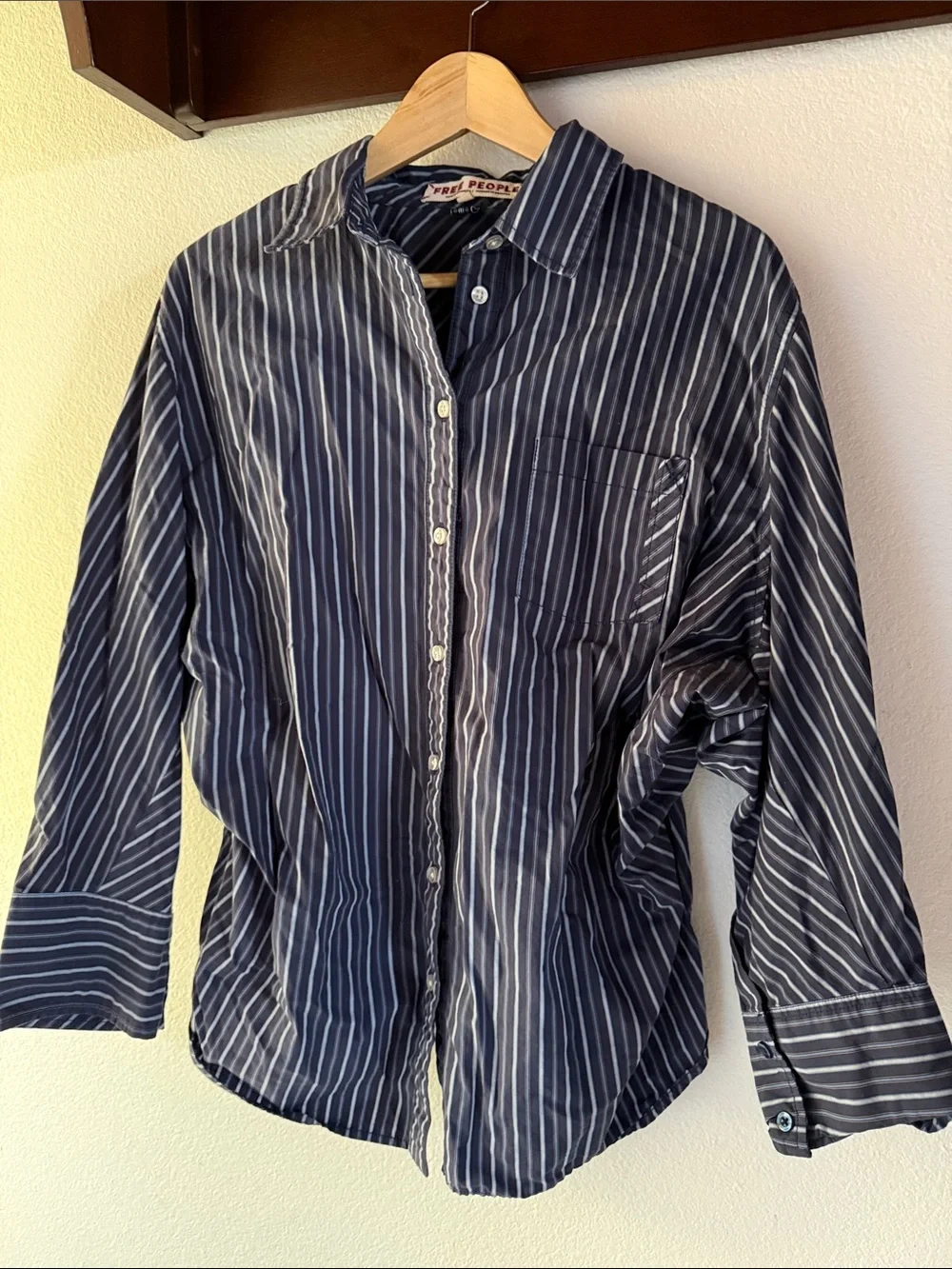 Free People Navy Striped Button-Down Shirt, Oversized, Dolman Sleeve Relaxed Fit